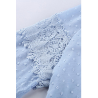 Sky Blue V Neck Lantern Sleeve Lace Hollow Out Top