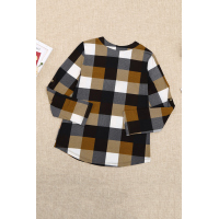 Yellow Contrast Plaid V Neck Long Sleeve Top