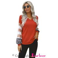 Orange V Neck Leopard Stripe Splice Lantern Sleeve Top