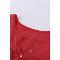 Red Buttoned Detail Cotton Blend Short Sleeve T-shirt