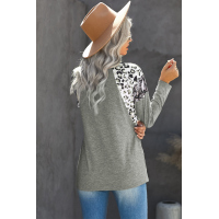 Gray Long Sleeve Top With Leopard Snakeskin Print