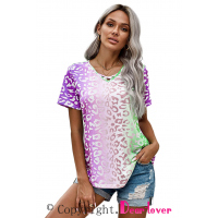 Purple Ombre Crisscross V Neck Printed T-shirt