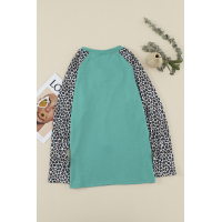 Green Leopard Patchwork Lace-up Front Long Sleeve Top