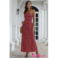 Red Bohemian Bandeau Floral Print Maxi Dress