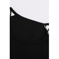 Black Crew Neck Print Splice Waffle Knitted Long Sleeve Top