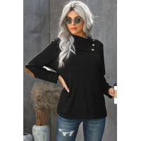 Black Buttoned Neck Knit Long Sleeves Top