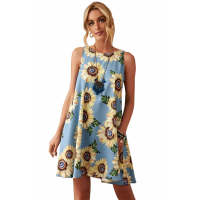 Blue Sunflower Print Tank Dress