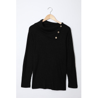 Black Buttoned Neck Knit Long Sleeves Top