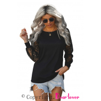 Black Lace Splicing Long Sleeve Knitted Pullover Top