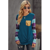 Blue Sequin Splicing Colorful Stripes Long Sleeve Top