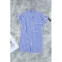 Sky Blue Striped Buttoned Ruffled Sleeve Blouse