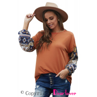 Brown Boho Floral Print Balloon Sleeve Top with Lace Details