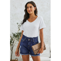 Blue High Rise Ruffle Waist Denim Shorts