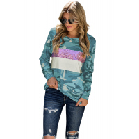 Camo Sequins Color Block Long Sleeve Top