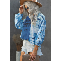 Sky Blue Letter Print Cut-out Tie Dye Lantern Long Sleeve Top