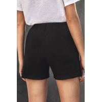 Black Elastic Waistband Pocket Drawstring Shorts with Button