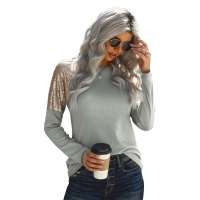 Gray Sequin Shoulder Long Sleeve Top