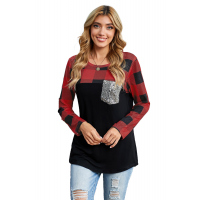 Plaid Print Patchwork Black Long Sleeve Top