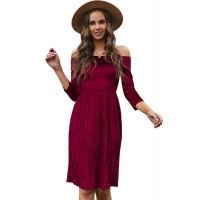 Wine Velvet Off Shoulder Half Sleeve Pleated Midi Dress