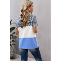 Casual Leopard Print Patchwork Color Block V Neck Top