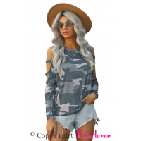 Gray Camouflage Shoulder To Hollow Out Long Sleeve Top