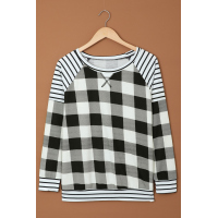 Black Buffalo Plaid Stripe Splicing Long Sleeve Top