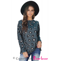 Leopard Print Pullover Long Sleeve Top with Slits