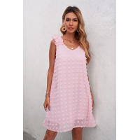 Pink Swiss Dot V Neck Ruffled Sleeveless Mini Dress