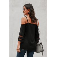 Black Spaghetti Straps Cold Shoulder Mesh Insert Bell Sleeve Blouse