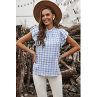 Light Blue Plaid Ruffled Short Sleeves Tee