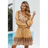 Yellow V-neck Floral Print Long Sleeve Tunic Mini Dress