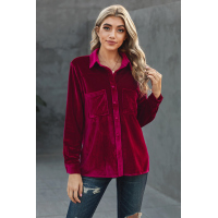 Wine Retro Velvet Pocket Long Sleeve Shirt