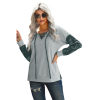 Gray Camo Lace-Up Side Split Hem Long Sleeve Top