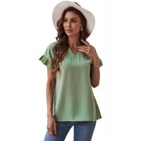 Green V Neck Ruffle Short Sleeve T-shirt