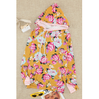  Yellow Cowl Neck Floral Print Hoodie with Striped Detail