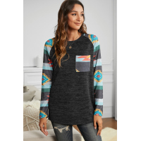 Gray Aztec Print Pocket Long Sleeve Top