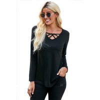 Black Crisscross V Neck Long Sleeve Top