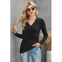 Black V-neck Button Solid Color Long Sleeve Top