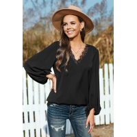 Black Lace V Neck Balloon Sleeves Top