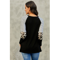 Black Striped and Leopard Color Block Sleeves Top