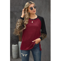 Wine Leopard Splicing High and Low Hem Lantern Sleeve Top with Slits