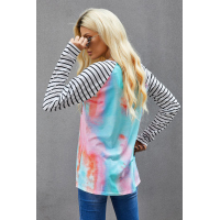 Sequin Pocket Tie-dye Panel Striped Sleeve Top