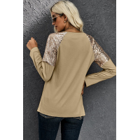 Apricot Sequin Shoulder Long Sleeve Top