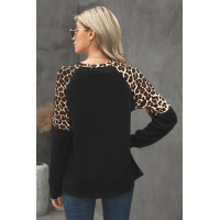 Black Leopard Stitching Long Sleeve Top