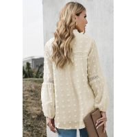 Apricot Ruffled Split Neck Lace Hollow Out Puff Sleeve Polka Dot Blouse