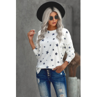 White Round Neck Star Print Long Sleeve Top