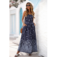 Blue Bohemian Bandeau Floral Print Maxi Dress