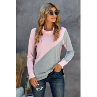 Pink Turtle Neck Sloping Color Block Long Sleeve Top