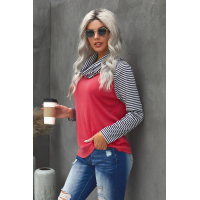 Blue Cowl Neck Stripe Splice Casual Long Sleeve Top