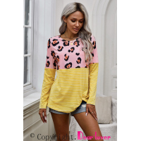 Yellow Long Sleeve Leopard Stripe Print Casual Top